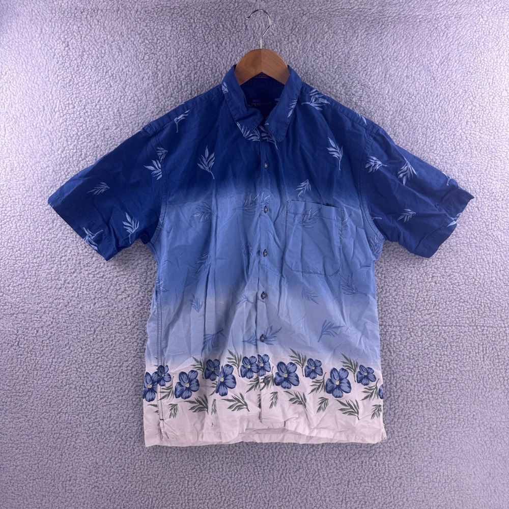 Pendleton Mens Blue Ombre Floral Short Sleeve Button Down Shirt Size M Cotton